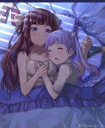 Rule 34 | 2girls, bed sheet, blue eyes, blush, bow, breasts, brown hair, cleavage, collarbone, closed eyes, frilled pillow, frills, from above, grey bow, hair bow, holding hands, highres, long hair, lying, medium breasts, multiple girls, new game!, on back, on side, open mouth, pillow, piza rokumai, purple hair, sleeping, smile, suzukaze aoba, takimoto hifumi, twintails, very long hair, yuri