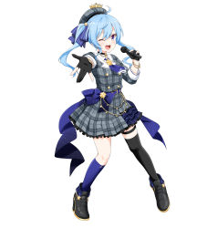 Rule 34 | 1girl, absurdres, beret, black choker, black gloves, blue eyes, blue hair, choker, dress, felutiahime, floating hair, gloves, grey hat, hat, highres, holding, holding microphone, hololive, hoshimachi suisei, hoshimachi suisei (1st costume), microphone, one eye closed, open hand, open mouth, partially fingerless gloves, plaid, plaid dress, plaid headwear, side ponytail, single thighhigh, smile, solo, thigh strap, thighhighs, virtual youtuber, white background