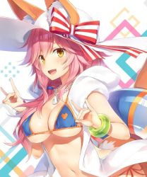 Rule 34 | 10s, 1girl, animal ears, bikini, blue bikini, blush, bracelet, breasts, ears through headwear, fate/extra, fate/grand order, fate (series), fox ears, fox shadow puppet, fox tail, hands up, hat, jacket, jewelry, large breasts, long hair, looking at viewer, navel, open clothes, open jacket, open mouth, pink hair, side-tie bikini bottom, smile, solo, swimsuit, tail, tamamo (fate), tamamo no mae (fate/extra), tamamo no mae (swimsuit lancer) (fate), tamamo no mae (swimsuit lancer) (third ascension) (fate), white hat, yellow eyes, yuuki hagure