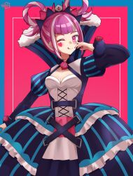 Rule 34 | 1girl, ;p, absurdres, blue dress, blunt bangs, corset, cowboy shot, dress, dress flower, facial mark, fire emblem, fire emblem engage, flower, hair rings, heart, heart facial mark, highres, hortensia (fire emblem), juliet sleeves, long sleeves, looking at viewer, lycheetako, multicolored hair, nintendo, one eye closed, pink eyes, pink hair, puffy sleeves, red flower, red rose, rose, simple background, solo, striped clothes, striped dress, tongue, tongue out, two-tone hair, vertical-striped clothes, vertical-striped dress, white corset, white hair