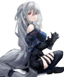 Rule 34 | 1girl, arknights, arm cuffs, ascot, bare shoulders, black ascot, black footwear, black gloves, black pants, boots, breasts, clothing cutout, elbow gloves, from side, gloves, gnai, hair between eyes, highres, indian style, long hair, looking at viewer, looking to the side, low-tied long hair, medium breasts, no headwear, pants, red eyes, silver hair, sitting, skadi (arknights), skadi (elite ii) (arknights), solo, thigh cutout, thighs, very long hair