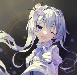 Rule 34 | 1girl, :d, absurdres, aimh, bang (gesture), blue bow, blue bowtie, blue eyes, bow, bowtie, dress, fang, finger gun, flower, frilled dress, frills, hair between eyes, hair flower, hair ornament, highres, honkai (series), honkai impact 3rd, long hair, looking at viewer, one eye closed, open mouth, panties, pointing, pointing at viewer, shigure kira, shirt, short hair, side ponytail, smile, solo, underwear, white dress, white flower, white hair, white panties, white shirt