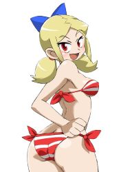 Rule 34 | 1girl, ass, back, bandeau, bare shoulders, bikini, blonde hair, bow, breasts, butt crack, cowboy shot, eyebrows, hair bow, looking at viewer, looking back, low twintails, onnaski, parted bangs, red bikini, red eyes, shantae (series), shantae and the pirate&#039;s curse, short twintails, side-tie bikini bottom, sidelocks, solo, striped bikini, striped clothes, swimsuit, twintails, twitch (shantae), underboob, wayforward, white background