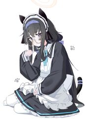 Rule 34 | 1girl, :3, absurdres, alternate costume, animal ears, apron, aqua ribbon, black dress, black hair, blue archive, blue eyes, blue hairband, blue ribbon, cat ears, cat tail, closed mouth, commentary, dress, enmaided, fake animal ears, fake tail, frilled apron, frills, glasses, hair ribbon, hairband, halo, highres, jitome, kilabo, light smile, long hair, long sleeves, looking at viewer, low twintails, maid, maid apron, maid headdress, neck ribbon, pantyhose, paw pose, ribbon, round eyewear, sitting, sleeves past wrists, slouching, solo, tail, twintails, ui (blue archive), very long hair, white apron, white pantyhose, yokozuwari