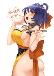 Rule 34 | 1girl, absurdres, apron, ass, bare shoulders, blue hair, blush, braid, breasts, chopsticks, fang, genshin impact, highres, holding, holding chopsticks, korean text, large breasts, looking at viewer, looking back, meowx25, naked apron, open mouth, short hair, shuriken, sideboob, simple background, smile, speech bubble, translation request, twin braids, weapon, white background, xiangling (genshin impact), yellow eyes