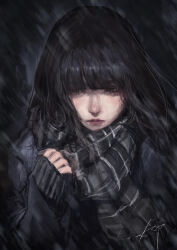 Rule 34 | 1girl, absurdres, arai bokuseki, black eyes, black hair, black jacket, black scarf, blazer, blunt bangs, blush, commentary request, expressionless, hand up, highres, jacket, long hair, looking to the side, original, scarf, snowing, solo, straight-on, wind, winter clothes
