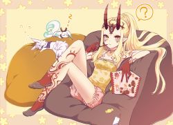 Rule 34 | 1girl, ?, armpits, bare shoulders, blonde hair, breasts, candy, fate/grand order, fate (series), food, fou (fate), hizuki aya, horns, ibaraki douji (fate), crossed legs, long hair, looking at viewer, medium breasts, oni, pocky, ponytail, sitting, sleeveless, slit pupils, socks, solo, spoken question mark, very long hair, yellow eyes, zzz