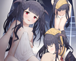 Rule 34 | 1boy, 1girl, bed, bed sheet, black dress, black hair, blue archive, blunt bangs, blush, closed eyes, commentary request, dress, faceless, faceless male, flat chest, fuuka (blue archive), hair on horn, head scarf, highres, horns, ikisugi shokudou, kiss, kissing forehead, long hair, long sleeves, looking at viewer, multiple views, nipples, nose blush, nude, panties, parted lips, red eyes, school uniform, sidelocks, twintails, underwear, undressing, white panties