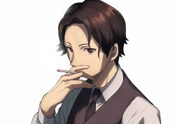 Rule 34 | 1boy, asada hachi, blouse, brown eyes, brown hair, brown necktie, character request, cigarette, collared shirt, copyright request, looking at viewer, male focus, necktie, shirt, short hair, smoking, solo, upper body, vest, white background, white shirt