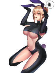Rule 34 | 1girl, absurdres, animal ears, armpit cutout, artoria pendragon (fate), artoria pendragon (lancer alter) (fate), black bodysuit, blonde hair, bodysuit, breasts, clothing cutout, collarbone, cropped legs, fake animal ears, fate (series), hair bun, highres, large breasts, looking at viewer, navel, odol (drk100), open mouth, rabbit ears, ribbed bodysuit, single hair bun, solo, speech bubble, stomach, turtleneck, underboob, white background, yellow eyes