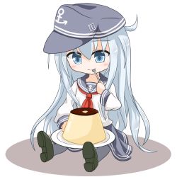 Rule 34 | 10s, 1girl, anchor symbol, black skirt, blue eyes, chibi, closed mouth, commentary request, flat cap, food, hair between eyes, hat, hibiki (kancolle), highres, kantai collection, long hair, long sleeves, neckerchief, pantyhose, pleated skirt, pudding, school uniform, serafuku, silver hair, simple background, sitting, skirt, smile, solo, spoon, utensil in mouth, white background, yamato tachibana