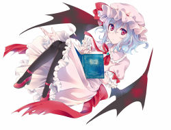 Rule 34 | 1girl, black pantyhose, blue hair, book, bow, brooch, closed mouth, collared dress, commentary, demon wings, dress, expressionless, fingernails, frilled dress, frilled sleeves, frills, full body, hair between eyes, hat, hat ribbon, high heels, holding, holding book, jewelry, looking at viewer, mob cap, neck ribbon, open book, pantyhose, pink dress, pink hat, puffy short sleeves, puffy sleeves, red bow, red eyes, red footwear, red ribbon, remilia scarlet, ribbon, shino (mijinko), short hair, short sleeves, simple background, slit pupils, solo, touhou, waist bow, white background, wings