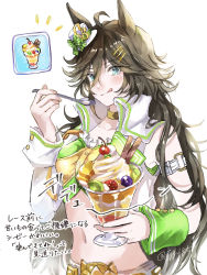 Rule 34 | 1girl, :q, animal ears, arm strap, bad id, bad pixiv id, black hair, blue eyes, choker, commentary request, crop top, cup, green shirt, hair between eyes, hair ornament, hairclip, hand up, hat, highres, holding, holding cup, holding spoon, horse ears, izuky (izz qt), jacket, looking at viewer, midriff, mini hat, mini top hat, mr. c.b. (umamusume), navel, open clothes, open jacket, parfait, shirt, simple background, single bare shoulder, single sleeve, solo, spoon, stomach, strapless, strapless shirt, tongue, tongue out, top hat, translation request, umamusume, upper body, white background, white hat, white jacket, wrist cuffs, yellow choker