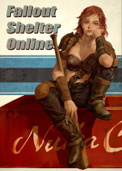 Rule 34 | 1girl, arm support, arm warmers, armor, baseball bat, belt, boots, bra, breasts, brown belt, brown footwear, brown hair, brown pants, cait (fallout 4), cleavage, closed mouth, collarbone, commentary request, copyright name, fallout (series), fallout 4, fallout shelter online, fingernails, freckles, full body, green eyes, highres, holding, holding baseball bat, holding weapon, knee pads, leather, leather armor, leather belt, leather boots, lips, looking at viewer, midriff, pants, pouch, product placement, short hair, shoulder armor, simple background, sitting, soft men, solo, underwear, weapon, zipper pull tab