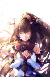 Rule 34 | 10s, 1girl, breasts, brown hair, cherry blossoms, detached sleeves, closed eyes, flower, hair flower, hair ornament, headgear, kantai collection, large breasts, long hair, niichi (komorebi-palette), petals, ponytail, solo, very long hair, yamato (kancolle)