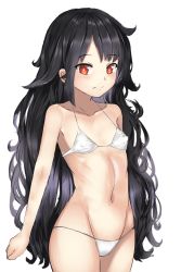 Rule 34 | 1girl, bare arms, bare shoulders, bikini, black hair, c-ms (girls&#039; frontline), closed mouth, collarbone, covered erect nipples, cowboy shot, female focus, girls&#039; frontline, highres, long hair, looking at viewer, looking to the side, navel, red eyes, simple background, solo, swimsuit, white background, white bikini