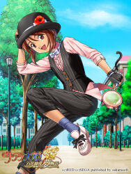 Rule 34 | 1girl, animal ears, ankle socks, arm cuffs, black gloves, black hat, black pants, black ribbon, black tail, black vest, bow, bow flower, bowler hat, bowtie, brick wall, brown hair, building, buttons, cat ears, cat tail, center frills, child, cloud, collar, collared shirt, commentary, copyright name, copyright notice, coquelicot (sakura taisen), dirt road, dress shirt, english text, fake animal ears, fake tail, fence, fingerless gloves, flower, footwear ribbon, frills, game cg, gloves, grass, hair between eyes, hand on headwear, hat, hat bow, hat flower, holding, holding magnifying glass, lamppost, leg up, light blue sky, logo, looking at viewer, magnifying glass, mandarin collar, nagara, navel, official art, open mouth, pants, park, pink arm cuffs, pink buttons, pink collar, pink shirt, pink sleeves, pinstripe pants, pinstripe pattern, pinstripe vest, purple bow, purple bowtie, ribbon, road, rooftop, sakura taisen, sakura taisen iii, sega, shirt, short hair, side slit, sidelocks, smile, socks, solo, straight-laced footwear, tail, tree, vest, white bow, white bowtie, white footwear, window