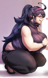 Rule 34 | 1girl, ahoge, alternate breast size, bare shoulders, blush, breasts, creatures (company), curvy, game freak, glasses, hairband, handjob, hex maniac (pokemon), huge breasts, jujunaught, long hair, mature female, nintendo, penis, plump, pokemon, pokemon xy, purple eyes, purple hair, squatting, testicles, thick thighs, thighs, tongue, tongue out, uncensored