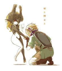 Rule 34 | 1boy, 1girl, blonde hair, blush, boots, colored sclera, helmet, hetero, holding hands, inumimi moeta, kiss, kissing hand, kneeling, link, long hair, master sword, midna, nintendo, on one knee, one eye covered, orange hair, red eyes, shield, shield on back, sword, the legend of zelda, the legend of zelda: twilight princess, translated, tunic, weapon, yellow sclera