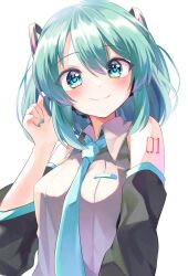 Rule 34 | 1girl, alternate hair length, alternate hairstyle, aqua eyes, aqua hair, aqua nails, aqua necktie, bare shoulders, between breasts, blue necktie, blush, bob cut, breasts, closed mouth, collared shirt, detached sleeves, grey shirt, hair ornament, hand up, hatsune miku, headphones, headset, highres, looking at viewer, mani (manidrawings), medium breasts, medium hair, necktie, necktie between breasts, number tattoo, shirt, short hair, shoulder tattoo, simple background, smile, solo, tattoo, upper body, vocaloid, white background