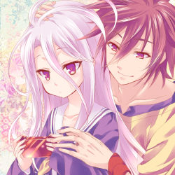 Rule 34 | 10s, 1boy, 1girl, brother and sister, brown hair, expressionless, hand on another&#039;s head, handheld game console, long hair, no game no life, purple eyes, school uniform, shiro (no game no life), shirt, short hair, siblings, smile, sora (no game no life), t-shirt, white hair, yue (lov n n)