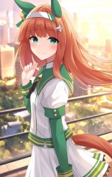 Rule 34 | 1girl, absurdres, animal ears, blue eyes, blurry, blurry background, building, cityscape, commentary request, hair ornament, headband, highres, horse ears, horse girl, horse tail, looking at viewer, orange hair, silence suzuka (umamusume), sky, smile, solo, tail, umamusume, zeatto