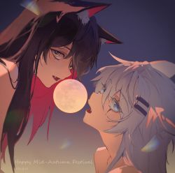 Rule 34 | 2girls, absurdres, animal ear fluff, animal ears, arknights, bare shoulders, black hair, blue eyes, colored inner hair, dated, english text, fang, floating, floating object, gradient background, grey hair, highres, lappland (arknights), long hair, looking at viewer, multicolored hair, multiple girls, open mouth, orb, purple background, red hair, scar, scar across eye, scar on face, texas (arknights), two-tone hair, upper body, wolf ears, yellow background