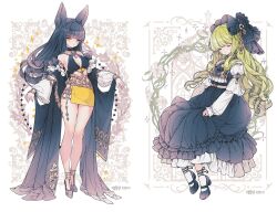 Rule 34 | 2girls, animal ears, ankle cuffs, black dress, black flower, black footwear, black headwear, blunt bangs, breasts, cleavage cutout, closed eyes, clothing cutout, detached sleeves, dog ears, dress, embroidery, fashion, flower, frilled dress, frills, full body, gothic lolita, green hair, headdress, high heels, iris (flower), juliet sleeves, lemon89h, lolita fashion, long hair, long sleeves, looking at viewer, medium breasts, multicolored hair, multiple girls, original, puffy sleeves, sidelocks, sitting, skirt, standing, stole, streaked hair, swept bangs, wavy hair, white flower, white sleeves, yellow eyes, yellow skirt