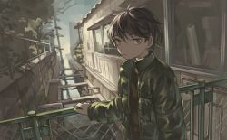 Rule 34 | black hair, brown eyes, building, chain-link fence, coat, drainpipe, expressionless, fence, green coat, looking at viewer, original, outdoors, padded coat, smoking pipe, short hair, solo, tensen (dotted line)