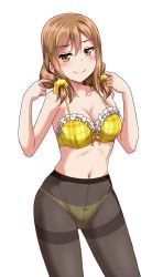 Rule 34 | 10s, 1girl, black pantyhose, blush, bow, bow bra, bow panties, bra, breasts, brown hair, cleavage, commentary request, crotch seam, frilled bra, frills, hair ornament, hair scrunchie, half-closed eyes, holding, holding own hair, kunikida hanamaru, light brown hair, looking at viewer, love live!, love live! sunshine!!, low twintails, medium breasts, navel, panties, panties under pantyhose, pantyhose, plaid, plaid bra, plaid panties, ribbon-trimmed bra, scrunchie, simple background, smile, solo, standing, thighband pantyhose, twintails, underwear, underwear only, white background, yellow bra, yellow eyes, yellow panties, yellow scrunchie, yopparai oni