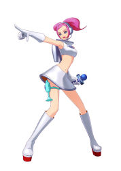 Rule 34 | 1girl, artist request, blue eyes, boots, crop top, elbow gloves, energy gun, female focus, gloves, headset, knee boots, lipstick, long legs, makeup, microphone, midriff, miniskirt, navel, official art, pink hair, pointing, pointing forward, project x zone, ray gun, sega, short twintails, simple background, skirt, solo, space channel 5, thigh strap, twintails, ulala, weapon