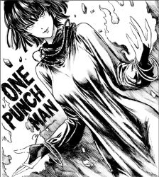 Rule 34 | 1girl, aura, bangle, black hair, bracelet, breasts, copyright name, dress, fubuki (one-punch man), greyscale, hip focus, jewelry, large breasts, light smile, lips, lipstick, long sleeves, looking at viewer, makeup, monochrome, murata yuusuke, necklace, one-punch man, parted lips, rock, rubble, short hair, solo, telekinesis, text focus, turtleneck