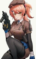 Rule 34 | 1girl, ahoge, beret, blush, breasts, collared shirt, commission, dress shirt, frown, girls&#039; frontline, girls&#039; frontline 2: exilium, gloves, gun, h&amp;k mp7, hair ornament, hairclip, hat, highres, looking at viewer, medium breasts, medium hair, mp7 (girls&#039; frontline), necktie, pantyhose, personal defense weapon, red hair, shirt, side ponytail, skindentation, solo, submachine gun, thigh strap, trigger discipline, weapon, yellow eyes, zeragoes