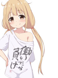 Rule 34 | 1girl, blonde hair, brown eyes, closed mouth, clothes writing, collarbone, commentary, futaba anzu, hand on own hip, highres, idolmaster, idolmaster cinderella girls, long hair, low twintails, meme, off shoulder, shirt, short sleeves, simple background, smile, solo, symbol-only commentary, takasuma hiro, twintails, twitter rabbit ears (meme), very long hair, white background, white shirt
