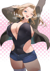 Rule 34 | 1girl, blonde hair, blue eyes, blush, breasts, forehead, girls und panzer, hair intakes, ikuchan kaoru, jacket, kay (girls und panzer), large breasts, long hair, looking at viewer, one eye closed, open clothes, open jacket, open mouth, parted bangs, smile, solo