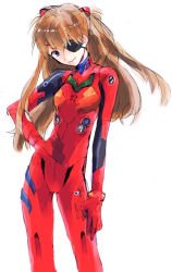 Rule 34 | 10s, 1girl, 55futago, bad id, bad pixiv id, blue eyes, bodysuit, bracer, breasts, brown hair, closed mouth, contrapposto, evangelion: 3.0 you can (not) redo, eyepatch, gloves, hand on own hip, hand on own thigh, head tilt, headgear, highres, leaning to the side, legs apart, light smile, long hair, looking at viewer, neon genesis evangelion, orange hair, pilot suit, plugsuit, rebuild of evangelion, simple background, sketch, skinny, small breasts, smile, solo, souryuu asuka langley, standing, tape, turtleneck, two side up, white background
