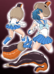Rule 34 | 1boy, 1girl, ass, back bow, bare legs, bishoujo senshi sailor moon, blue bow, blue choker, blue footwear, blue hair, blue sailor collar, blue skirt, boots, bow, cell (dragon ball), choker, clenched hand, crossover, dark background, dragon ball, dragonball z, earrings, elbow gloves, gloves, gradient background, jewelry, light blue bow, looking at another, looking up, magical girl, miniskirt, mizuno ami, monster, neck, panties, pleated skirt, restrained, ribbon, sailor collar, sailor mercury, sailor senshi uniform, sequential, shoes, short hair, skirt, standing, surprised, tail, tiara, underwear, vore, white gloves, white panties, yoikuma