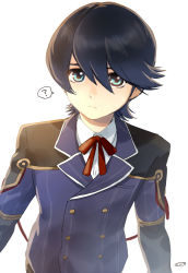 Rule 34 | 10s, 1boy, ?, aqua eyes, blue hair, buttons, double-breasted, frown, horikawa kunihiro, lapels, looking at viewer, male focus, mizuhara aki, notched lapels, short hair, simple background, solo, spoken question mark, touken ranbu, upper body, white background