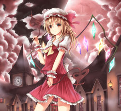 Rule 34 | 1girl, brown eyes, clock, clock tower, dress, flandre scarlet, hat, highres, light brown hair, long hair, looking at viewer, moon, outdoors, red dress, red ribbon, ribbon, scarlet devil mansion, smile, solo, touhou, tower, wings, wsman