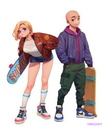 Rule 34 | 1boy, 1girl, air jordan, air jordan 1, alternate costume, american flag, android 18, bald, blonde hair, blue eyes, blue skirt, breasts, blowing bubbles, chewing gum, commentary, dragon ball, dragon ball (object), earrings, green pants, hand in pocket, holding, holding skateboard, hongcasso, hood, hood down, hoodie, jacket, jewelry, kuririn, large breasts, long hair, looking at viewer, louis vuitton (brand), nike (company), open clothes, open jacket, pants, pink hoodie, purple jacket, red jacket, shirt, shoes, short hair, simple background, skateboard, skirt, sneakers, star (symbol), streetwear, supreme (brand), white background, white shirt