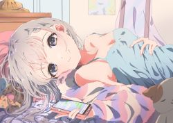 Rule 34 | 1girl, asymmetrical bangs, bare shoulders, blue camisole, blush, braid, braided bangs, breasts, camisole, cellphone, cleavage, collarbone, earrings, grey hair, highres, hisakawa hayate, holding, holding phone, idolmaster, idolmaster cinderella girls, indoors, jacket, jewelry, kousaki (yeuk7427), looking at viewer, lying, medium breasts, nail polish, on back, phone, smile, solo, striped clothes, striped jacket