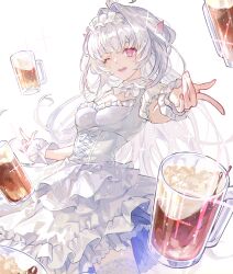 Rule 34 | 1girl, ahoge, alcohol, bare shoulders, beer, beer mug, breasts, cleavage cutout, clothing cutout, corset, cup, dirndl, dress, fate/grand order, fate (series), frilled hairband, frills, german clothes, hairband, highres, kotobuki nashiko, long hair, looking at viewer, medium breasts, merlin (fate/prototype), mug, one eye closed, open mouth, pink eyes, pointy ears, scrunchie, smile, solo, sparkle, thighhighs, thighs, very long hair, white dress, white hair, white thighhighs, wrist scrunchie