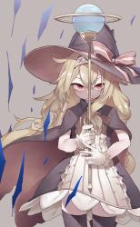Rule 34 | 1girl, absurdres, black thighhighs, brown cape, brown eyes, cape, closed mouth, cowboy shot, dress, gloves, grey background, hair between eyes, hairband, hat, hat ribbon, highres, holding, holding staff, light brown hair, little witch nobeta, long hair, looking at viewer, muraryo, nobeta, ribbon, sidelocks, solo, staff, thighhighs, white gloves, witch hat