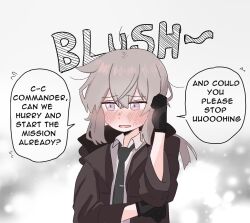 Rule 34 | 1girl, black gloves, black necktie, blush, brown jacket, collared shirt, commentary, embarrassed, english commentary, english text, girls&#039; frontline, gloves, grey hair, highres, jacket, m200 (girls&#039; frontline), medium hair, meme, necktie, open mouth, purple eyes, shirt, simple background, smart oval, solo, uohhhhhhhhh! (meme), upper body, white shirt