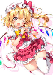 Rule 34 | 1girl, ;d, asymmetrical hair, blonde hair, blouse, blush, bow, bowtie, buttons, collar, collared shirt, commentary request, cowboy shot, crystal, demon wings, dutch angle, fingers together, flandre scarlet, foreshortening, frilled collar, frilled shirt collar, frilled skirt, frilled sleeves, frills, hair between eyes, hat, hat bow, leg up, long hair, looking at viewer, mary janes, miniskirt, mob cap, one eye closed, open mouth, orange bow, orange bowtie, petticoat, pink bow, pink footwear, pink skirt, puffy short sleeves, puffy sleeves, red bow, red eyes, red footwear, red skirt, riichu, scrunchie, shiny skin, shirt, shoes, short sleeves, side ponytail, silhouette, simple background, skindentation, skirt, smile, solo, tareme, thigh gap, thighhighs, touhou, white background, white hat, white shirt, white thighhighs, wings, wrist scrunchie, yellow bow, yellow bowtie, zettai ryouiki