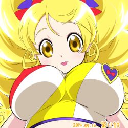 Rule 34 | 10s, 1girl, 2014, alternate form, blonde hair, breasts, brooch, cure honey, cure honey (popcorn cheer), dated, happinesscharge precure!, heart, heart brooch, impossible clothes, jewelry, large breasts, long hair, magical girl, oomori yuuko, precure, solo, yellow eyes, yoshimune