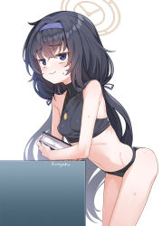 Rule 34 | 1girl, bikini, black bikini, black hair, blue archive, blue eyes, blue hairband, blue ribbon, blush, book, breasts, closed mouth, crossed bangs, hair between eyes, hair ribbon, hairband, highres, holding, holding book, jewelry, konnyaku (kk-monmon), long hair, low twintails, necklace, ribbon, signature, simple background, small breasts, solo, sweat, swimsuit, twintails, ui (blue archive), very long hair, wavy mouth, white background