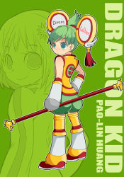 Rule 34 | 10s, 2girls, bad id, bad pixiv id, bruce lee&#039;s jumpsuit, chinese clothes, detached sleeves, dragon kid, dual persona, flower, green eyes, green hair, hair ornament, hat, huang baoling, multiple girls, ponytail, product placement, short hair, staff, superhero costume, tamachro, thighhighs, tiger &amp; bunny