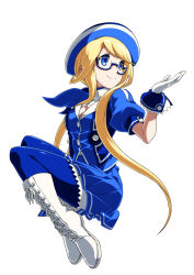 Rule 34 | 1girl, ascot, beret, blonde hair, blue-framed eyewear, blue ascot, blue eyes, blue scarf, boots, breasts, cleavage, cleavage cutout, clothing cutout, enta girl, falcoon, full body, glasses, gloves, hat, highres, jacket, mascot, official art, pantyhose, pleated skirt, puffy short sleeves, puffy sleeves, scarf, semi-rimless eyewear, short hair with long locks, short sleeves, sitting, skirt, smile, snk, solo, white gloves