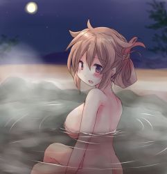Rule 34 | 1girl, ass, bathing, blush, breasts, brown eyes, from behind, hirune (konekonelkk), kantai collection, large breasts, light brown hair, looking at viewer, messy hair, murasame (kancolle), night, nude, onsen, open mouth, outdoors, partially submerged, sitting, solo, steam